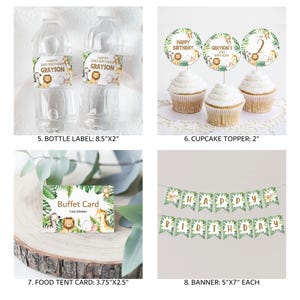 K&ouml;nnte beinhalten: Dschungel-Partydekoration f&uuml;r einen zweiten Geburtstag. Das Set beinhaltet eine Girlande, Cupcake-Topper, Wasserflaschenetiketten und Essenskarten. Die Dekorationen sind in Gr&uuml;n und Gold gehalten und zeigen Tierillustrationen.