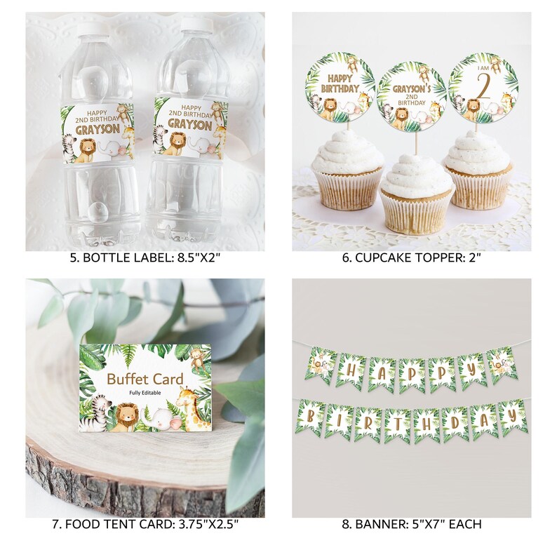 K&ouml;nnte beinhalten: Dschungel-Partydekoration f&uuml;r einen zweiten Geburtstag. Das Set beinhaltet eine Girlande, Cupcake-Topper, Wasserflaschenetiketten und Essenskarten. Die Dekorationen sind in Gr&uuml;n und Gold gehalten und zeigen Tierillustrationen.