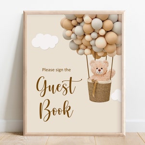 Guest Book Sign Teddy Bear We Can Bearly Wait Baby Shower Hot Air Balloon Bear Birthday Decor Table Sign Printable NOT Editable A14 C14