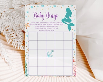 Cartes de jeu de bingo pour baby shower sirène Bingo sous la mer jeu de baby shower de sirène modèle vierge imprimable non modifiable C71