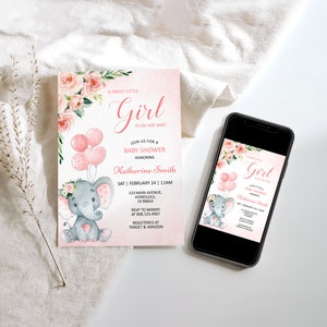 May include: Pink and gray baby shower invitation with a cute elephant holding pink balloons. The invitation says "A Sweet Little Girl is on her way!" and includes the date, time, and location of the shower. It also includes the name of the person being honored, Katherine Smith.