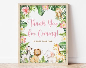 Safari Girl Baby Shower Thank You Sign – Pink Jungle Animals Printable Table Decor  0127