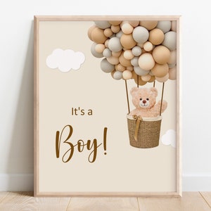It&#39;s A Boy Sign Teddy Bear We Can Bearly Wait Baby Shower Hot Air Balloon Bear Baby Shower Gender Reveal Sign Printable NOT Editable C14