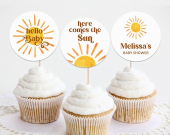 Editable Sun Baby Shower Cupcake Toppers Boho Sunshine Party, Corjl 0118