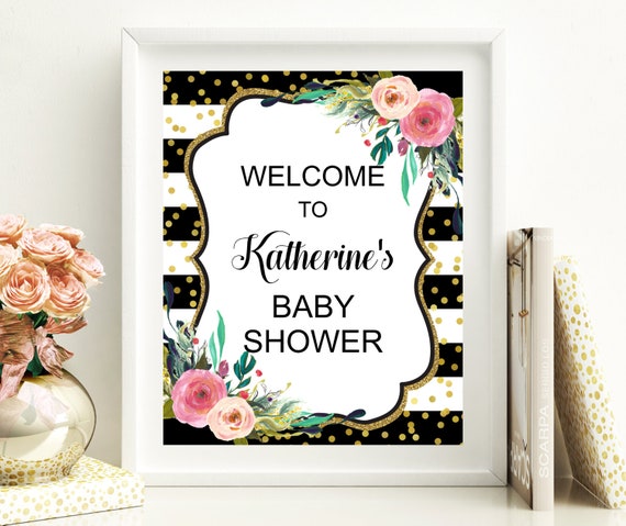 Baby Shower Welcome Sign Printable Black White Gold Pink Etsy