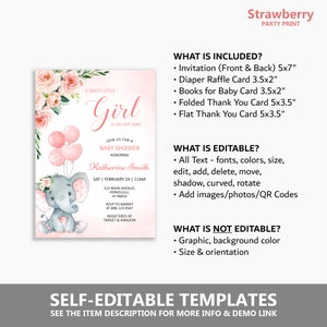 May include: Printable baby shower invitation with a pink and gray elephant holding balloons. The invitation says "A Sweet Little Girl is on her way!" and includes the text "Join us for a Baby Shower Honoring Katherine Smith".