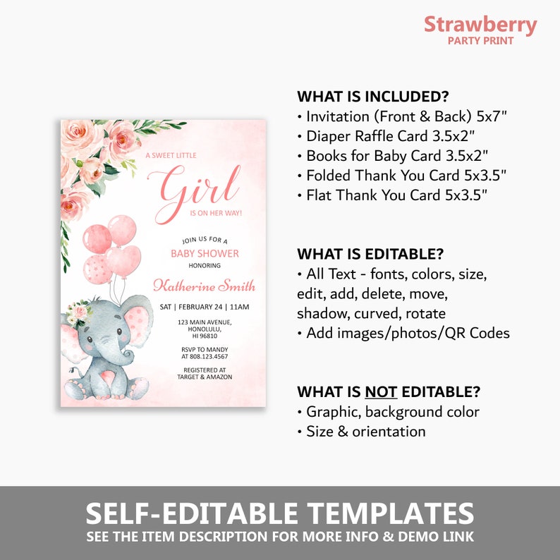 May include: Printable baby shower invitation with a pink and gray elephant holding balloons. The invitation says "A Sweet Little Girl is on her way!" and includes the text "Join us for a Baby Shower Honoring Katherine Smith".