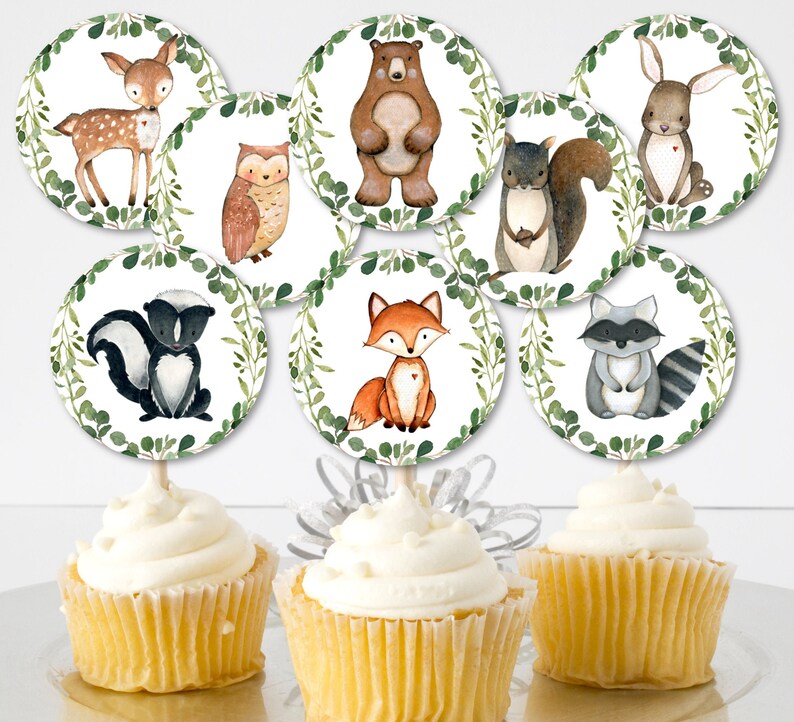 Woodland Cupcake Toppers Greenery Woodland Baby Shower Decor Etsy