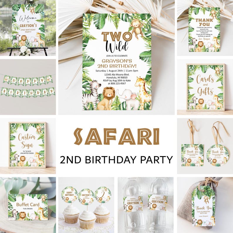 Bearbeitbares Safari Einladungspaket zum 2. Geburtstag - Zwei druckbare Vorlagen für Wild Party Corjl 0127 Bild 1