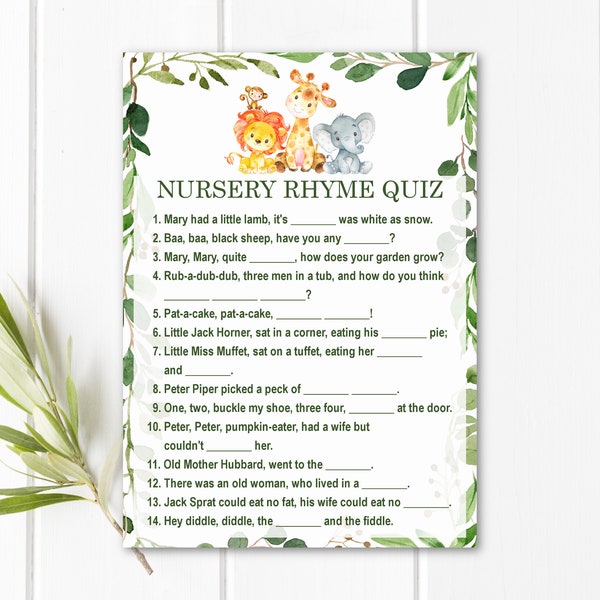 Nursery Rhyme Quiz Game Jungle Baby Shower Game Safari Animals Baby Shower Game Printable Baby Nursery Song NOT Editable C76