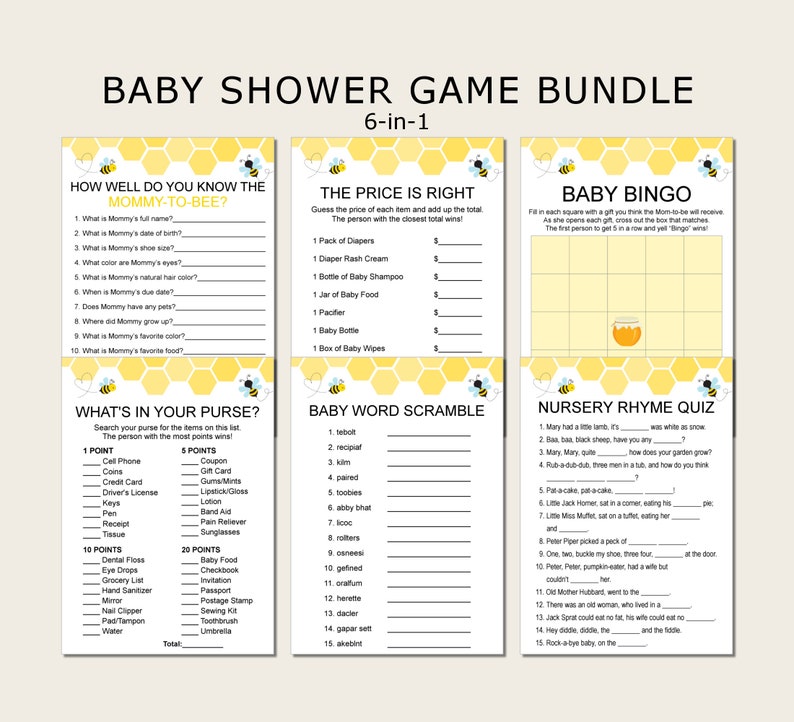 Bumble Bee Baby Shower Games Printable Game Bundle Mommy to - Etsy Canada