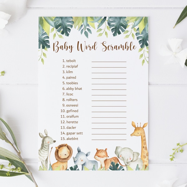 Baby Word Scramble Jungle Baby Shower Game Safari Baby Shower Game Printable Jungle Animals Gender Neutral NOT Editable C7