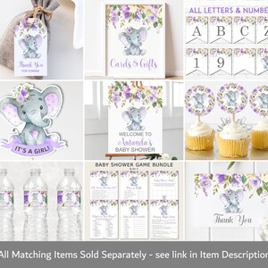 Puede incluir: Decoraciones para baby shower en morado y gris con tem&aacute;tica de elefante. El conjunto incluye un cartel de bienvenida, adornos para cupcakes, etiquetas para botellas de agua, una tarjeta de agradecimiento y tarjetas de juego. El texto en el cartel de bienvenida dice "Bienvenido a la fiesta de bienvenida al beb&eacute; de Amanda".