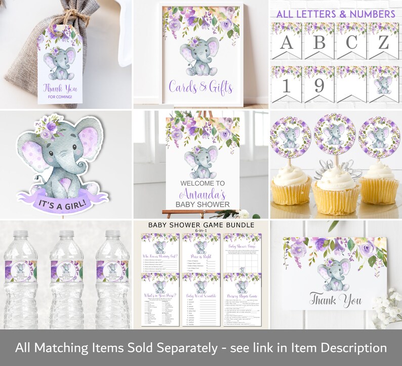 Puede incluir: Decoraciones para baby shower en morado y gris con tem&aacute;tica de elefante. El conjunto incluye un cartel de bienvenida, adornos para cupcakes, etiquetas para botellas de agua, una tarjeta de agradecimiento y tarjetas de juego. El texto en el cartel de bienvenida dice "Bienvenido a la fiesta de bienvenida al beb&eacute; de Amanda".