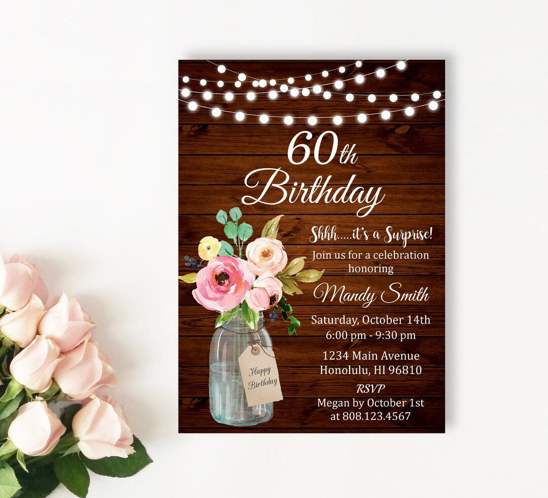 60th Birthday Invitation for Women Rustic Mason Jar Pink - Etsy