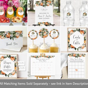 May include: Orange themed baby shower decorations with a welcome sign, thank you card, cupcake toppers, water bottle labels, diaper raffle sign, guess the date of birth calendar, and cards and gifts sign.