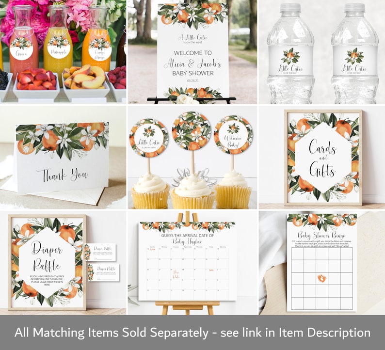 May include: Orange themed baby shower decorations with a welcome sign, thank you card, cupcake toppers, water bottle labels, diaper raffle sign, guess the date of birth calendar, and cards and gifts sign.