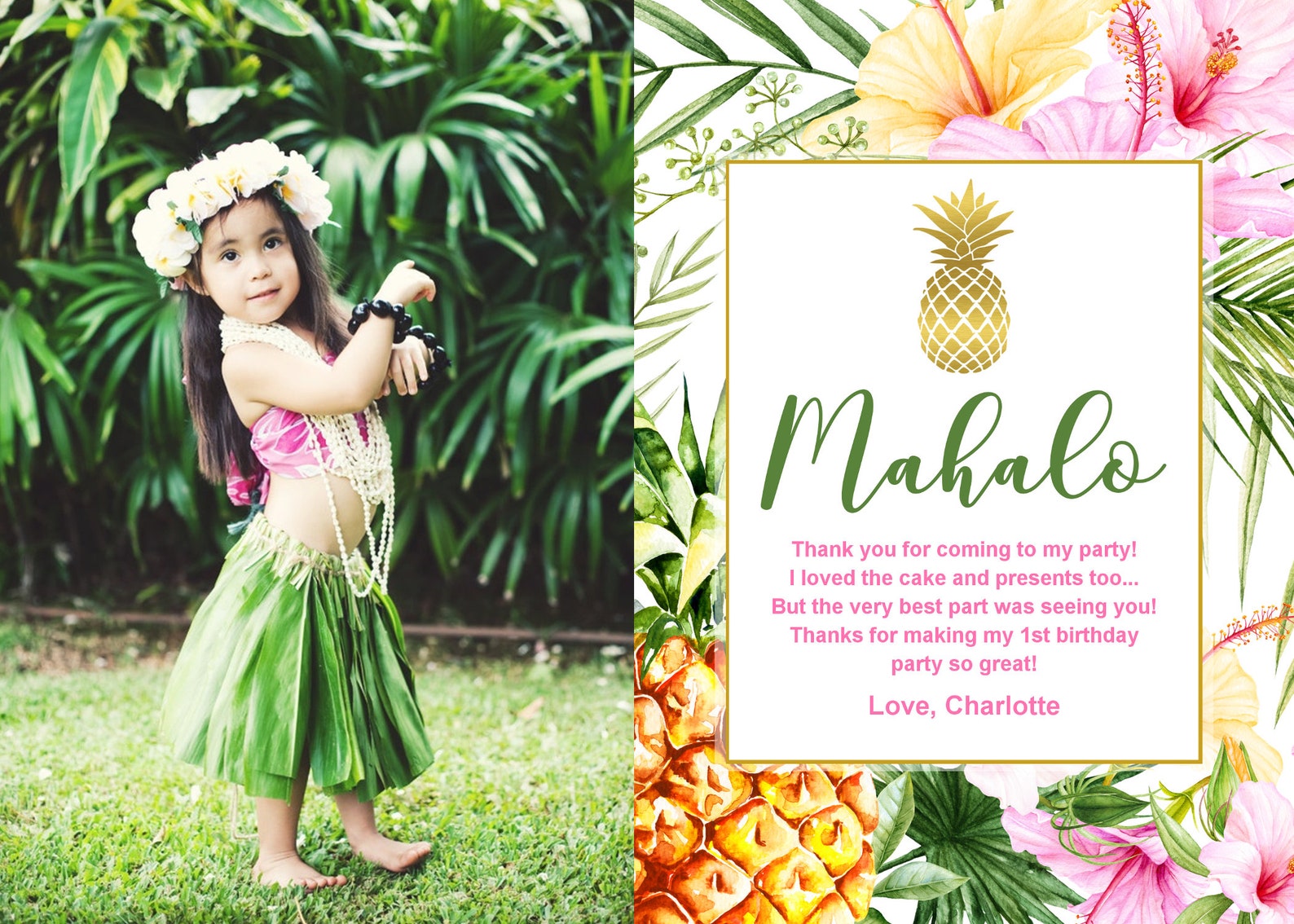 Hawaiian Luau Thank You Card Luau Birthday Thank You Card Etsy