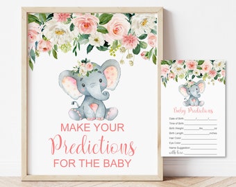 Elephant Baby Shower Game Predictions for Baby Game Guess Babys Birthday Printable Pink Blush Floral NOT Editable 0121