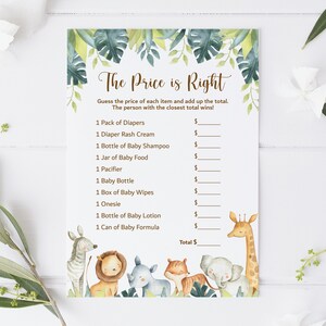 Puede incluir: Una tarjeta de juego imprimible con un tema de selva. La tarjeta tiene un t&iacute;tulo que dice "The Price is Right". El juego pide a los jugadores que adivinen el precio de varios art&iacute;culos para beb&eacute;s, como pa&ntilde;ales, loci&oacute;n para beb&eacute;s y f&oacute;rmula para beb&eacute;s. La tarjeta presenta una linda ilustraci&oacute;n de animales de la selva, incluyendo una jirafa, un le&oacute;n, una cebra, un rinoceronte y un elefante.