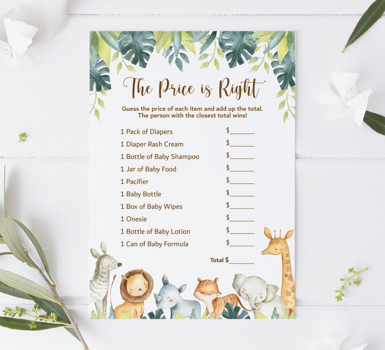 Puede incluir: Una tarjeta de juego imprimible con un tema de selva. La tarjeta tiene un t&iacute;tulo que dice "The Price is Right". El juego pide a los jugadores que adivinen el precio de varios art&iacute;culos para beb&eacute;s, como pa&ntilde;ales, loci&oacute;n para beb&eacute;s y f&oacute;rmula para beb&eacute;s. La tarjeta presenta una linda ilustraci&oacute;n de animales de la selva, incluyendo una jirafa, un le&oacute;n, una cebra, un rinoceronte y un elefante.