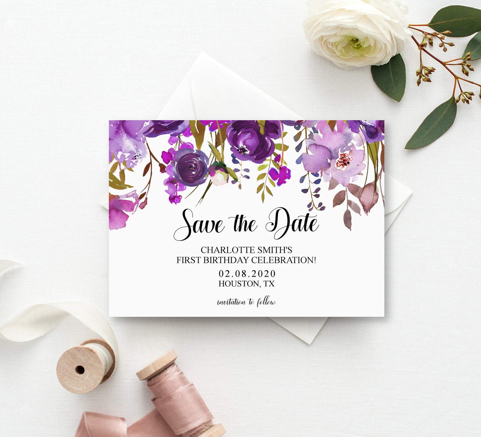 Purple Save the Date Card Birthday Party Anniversary Save the - Etsy