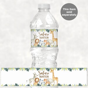 May include: Water bottle label with a jungle theme. The label features a giraffe, zebra, lion, elephant, and monkey with green leaves. The text on the label reads "Safari Water".