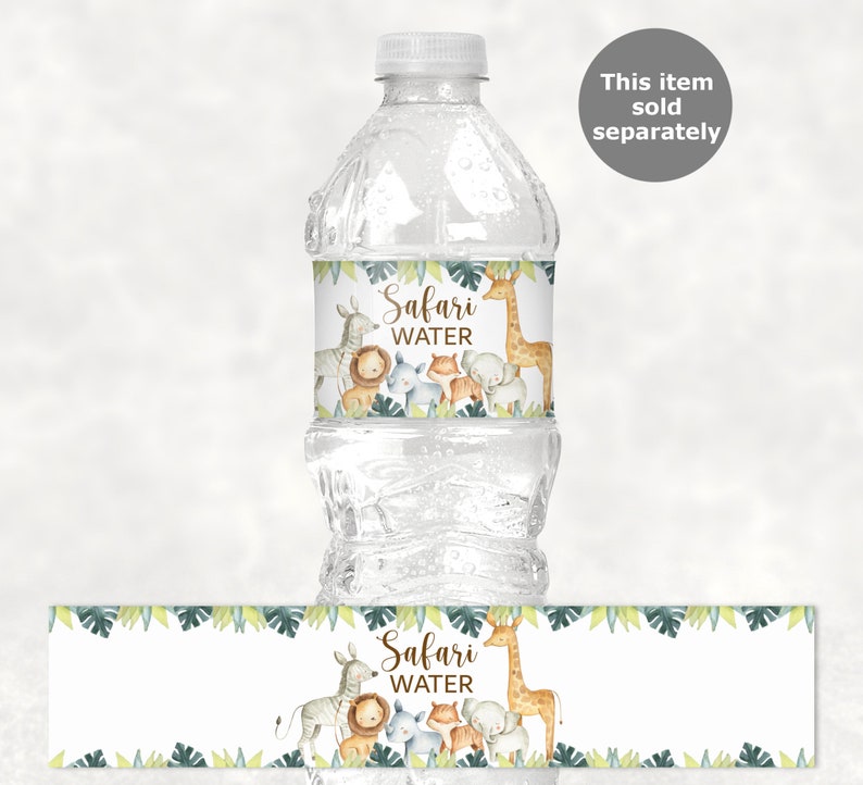 May include: Water bottle label with a jungle theme. The label features a giraffe, zebra, lion, elephant, and monkey with green leaves. The text on the label reads "Safari Water".