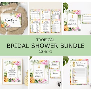 Tropical Bridal Shower Games Bundle Tropical Bridal Shower Game Package Tropical Floral Gold Pineapple Printable NOT Editable B74