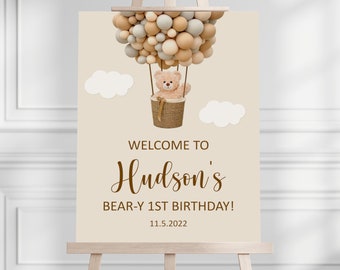 CUSTOM Teddy Bear Welcome Sign Beary 1st Birthday Bear First Birthday Welcome Sign Hot Air Balloon Birthday Decor Printable Sign A14