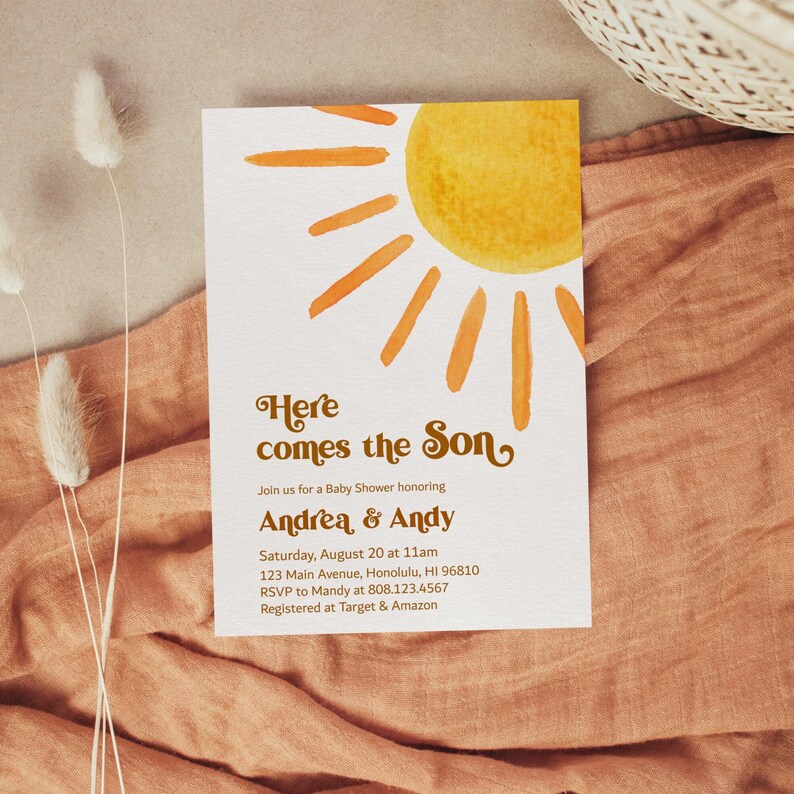 Custom Here Comes The Son Baby Shower Invitation - Retro Boho Sunshine Printable 0118 image 3