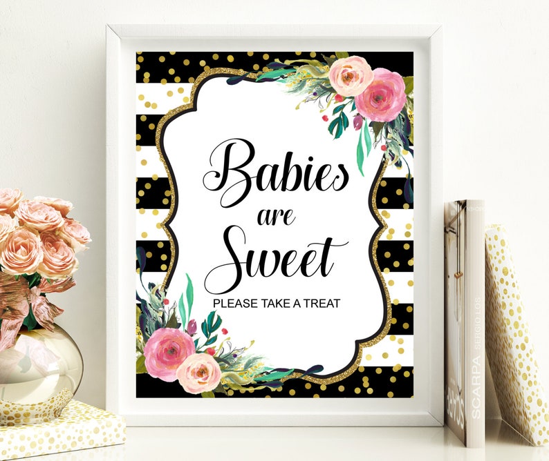 Baby Shower Favors Sign Printable Black White Gold Pink Image 0