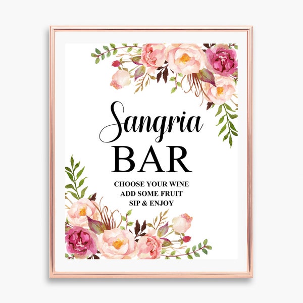 Pink Floral Sangria Bar Sign Printable Bohemian Bridal Shower Baby Shower Cocktail Bar Drinks NOT Editable B54 C24