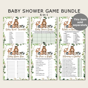 May include: A set of six printable baby shower games featuring a woodland theme with a brown bear and other forest animals. The games include Baby Word Scramble, Baby Shower Bingo, What's in Your Purse, Baby Name Race, The Price is Right, and Mommy or Daddy?