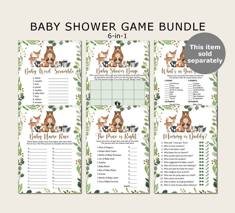 May include: A set of six printable baby shower games featuring a woodland theme with a brown bear and other forest animals. The games include Baby Word Scramble, Baby Shower Bingo, What's in Your Purse, Baby Name Race, The Price is Right, and Mommy or Daddy?