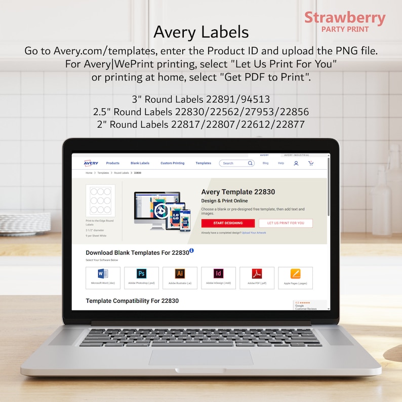 Pode incluir: Um computador port&aacute;til que exibe o site Avery com uma captura de tela da p&aacute;gina Avery Template 22830 Design & Print Online. A p&aacute;gina apresenta um modelo de etiqueta em branco, uma lista de programas de software compat&iacute;veis e um bot&atilde;o que diz "Let Us Print For You".