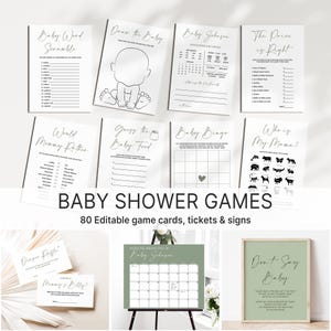 Editable Sage Green Baby Shower Games Bundle Minimalist Gender Neutral Simple Baby Shower Printable Game & Activity Corjl Template 0122