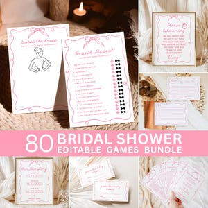 May include: A collection of pink and white bridal shower games, including "Guess the Dress" and "He Said, She Said." The bundle includes various game cards and a framed sign with the text "Please take a ring."
