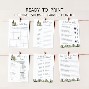 Ensemble de jeux de douche nuptiale cactus succulentes, paquet de jeux imprimable Boho Fiesta pour couples, douche de mariage, jeux de douche non modifiables B94