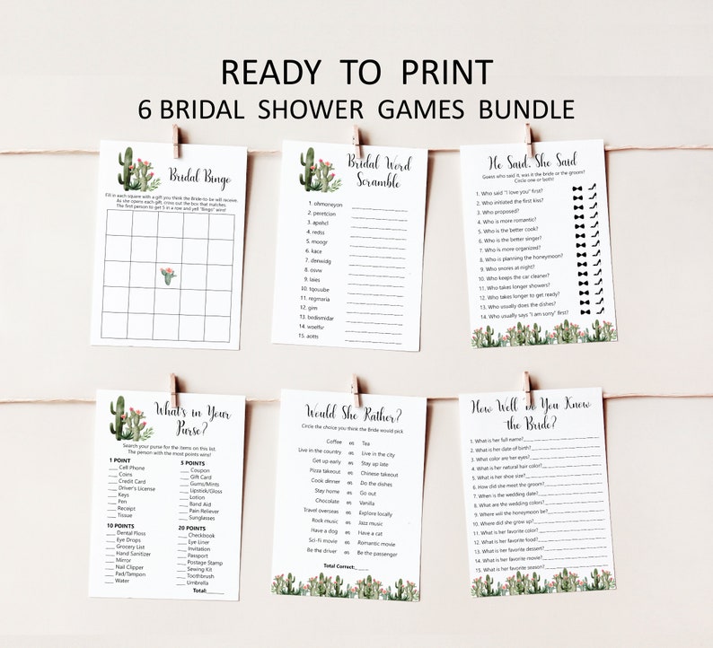 May include: Six printable bridal shower games with a desert theme. The games include "Bridal Bingo", "Bridal Word Scramble", "He Said, She Said", "What's in Your Purse", "Would She Rather", and "How Well Do You Know the Bride".