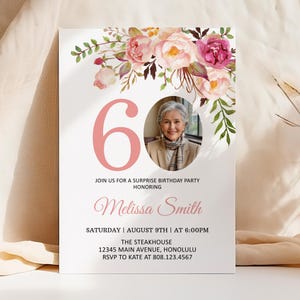 May include: A floral 60th birthday party invitation. The invitation features a photo of a woman, the number 60 in pink, and the text "Join us for a surprise birthday party honoring Melissa Smith".