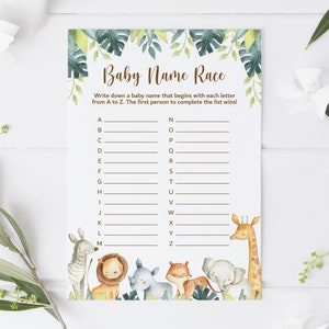 Puede incluir: Un juego de baby shower imprimible con tem&aacute;tica de la jungla. El juego se llama "Baby Name Race" e instruye a los jugadores a escribir un nombre de beb&eacute; que comience con cada letra del alfabeto. El juego presenta una ilustraci&oacute;n colorida de animales de la jungla.