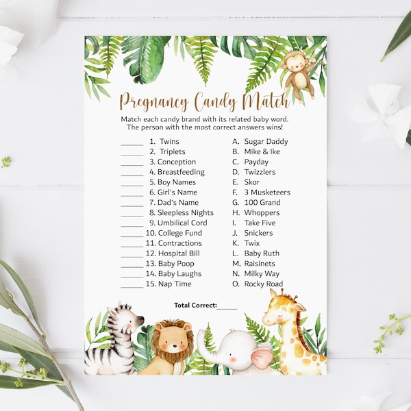 Pregnancy Candy Match Game Jungle Baby Shower Game Printable Safari Animals Baby Shower Game NOT Editable C94