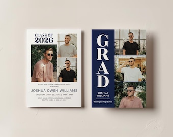 Editable Graduation Announcement Modern Navy Blue Grad Photo Card Graduation Invitation Template Corjl 0143