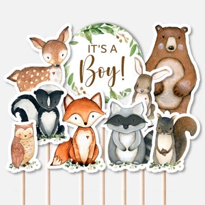 STAMPABILE Centrotavola animali del bosco Woodland Baby Shower Woodland pannolino torta Decor È un ragazzo Cake Topper NON modificabile 0120