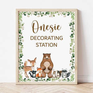 Onesie Decorating Station Sign Woodland Baby Shower Activity Greenery Woodland Animals Forest Baby Shower Sign Printable NOT Editable 0120 image 1