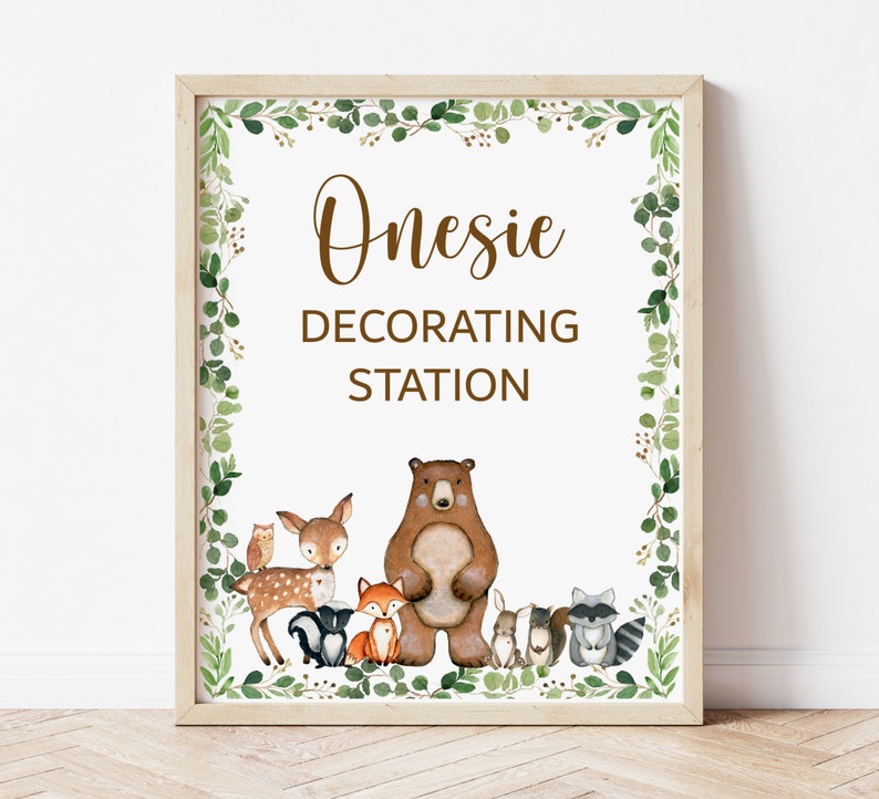 Onesie Decorating Station Sign Woodland Baby Shower Activity Greenery Woodland Animals Forest Baby Shower Sign Printable NOT Editable 0120 image 1