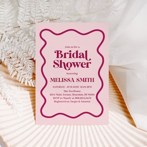 CUSTOM Retro Wavy Pink Bridal Shower Invitation Valentine Bridal Shower Bachelorette Hens Party Invitation Printable B1