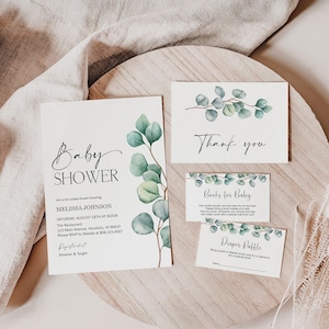 Editable Eucalyptus Baby Shower Invitation Bundle Gender Neutral Baby Shower Minimal Greenery Baby Shower Invite Bundle Template Corjl 0133