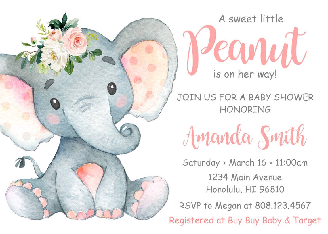 Girl Elephant Baby Shower Invitation Little Peanut Baby Shower Etsy